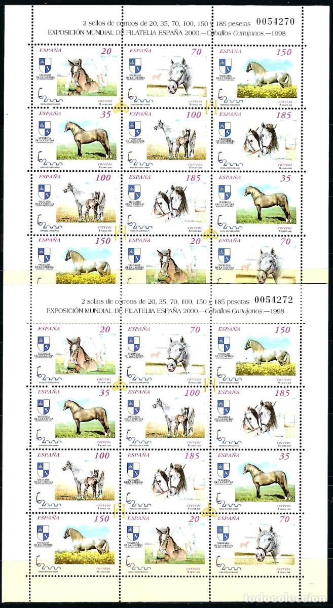 Sellos: Espa&ntilde;a 1998 caballos Cartujanos EXP. Filat&eacute;lica Espa&ntilde;a 2000- 2 Mini Pliegos Nuevos