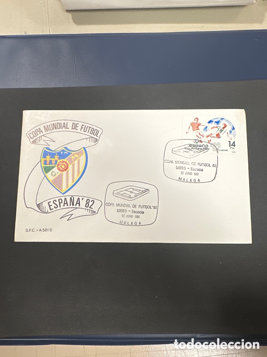 Sellos: Sobre de primer d&iacute;a escudo Club Deportivo M&aacute;laga conmemora mundial 82