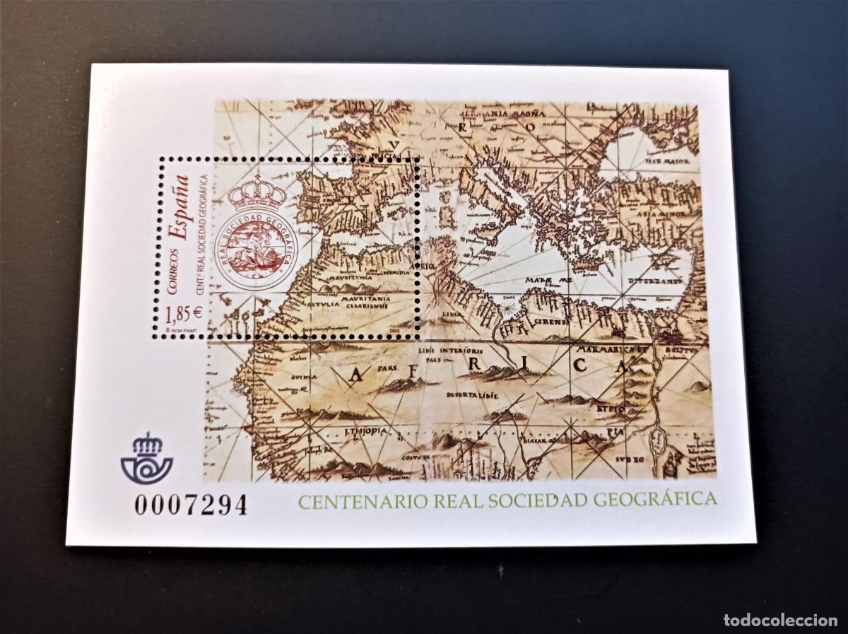 Sellos: Sello nuevo. Centenario Real Sociedad Geogr&aacute;fica. 1 de Octubre 2003. Edifil SH 4021.