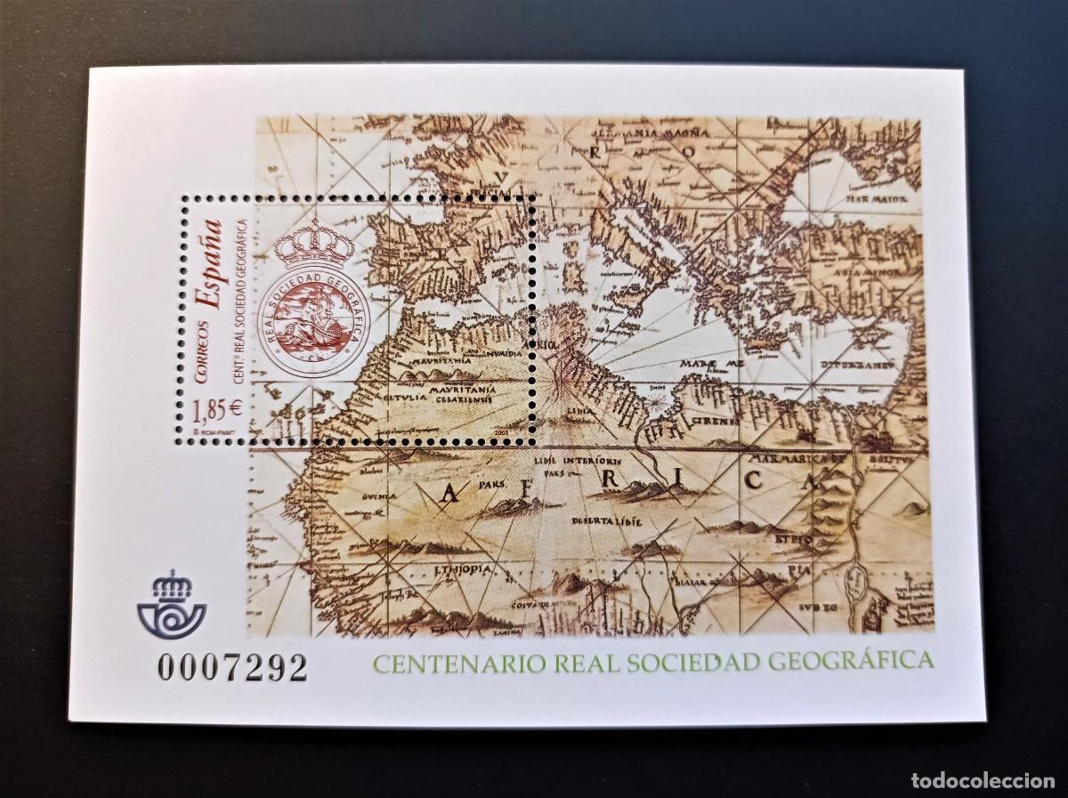 Sellos: Sello nuevo. Centenario Real Sociedad Geogr&aacute;fica. 1 de Octubre 2003. Edifil SH 4021.