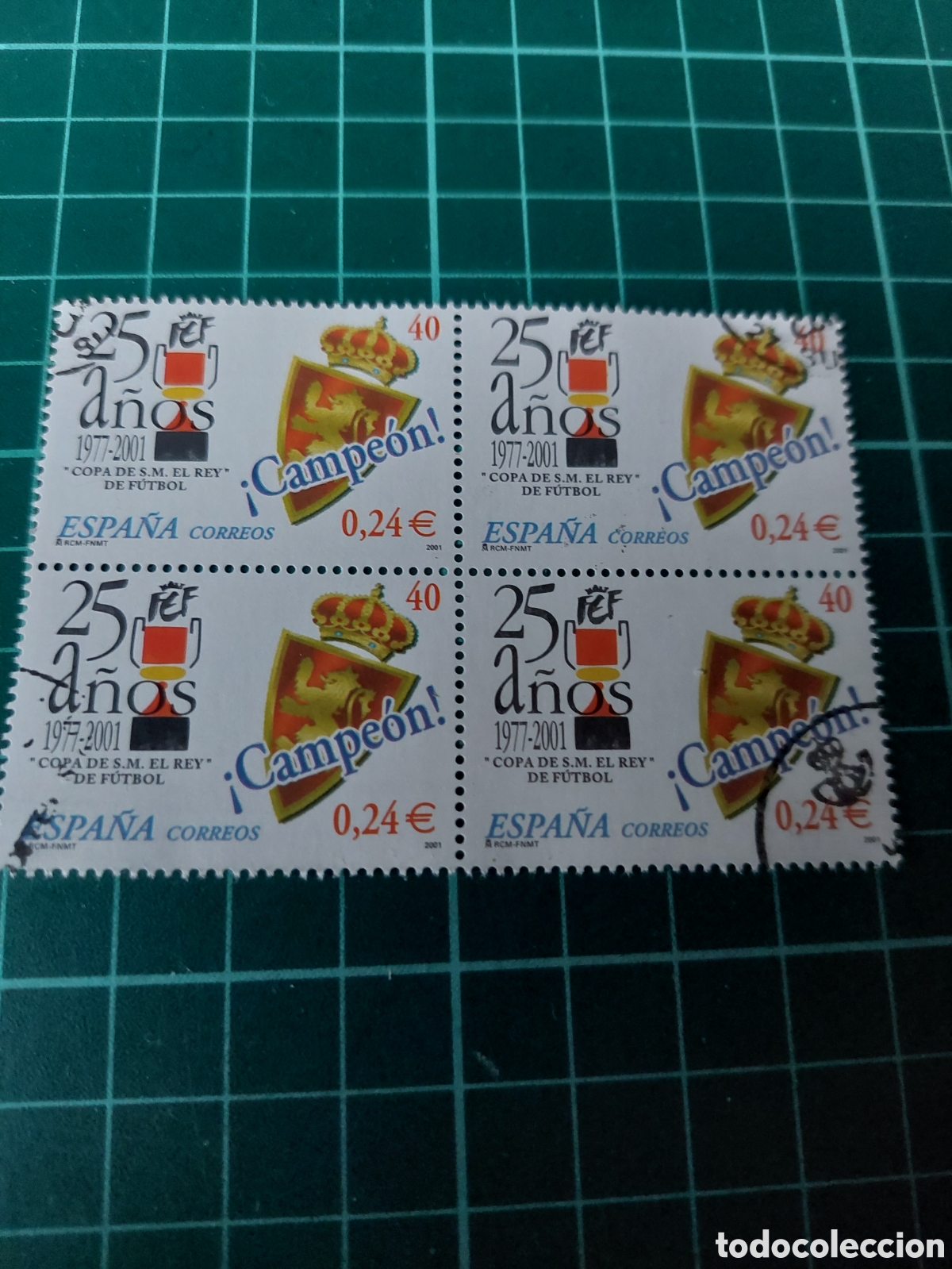 Sellos: 2001 BLOQUE CUATRO USADOS LUJO EDIFIL 3805 COPA REYES ESPA&Ntilde;A 25 ANIVERSARIO DEPORTES ZARAGOZA