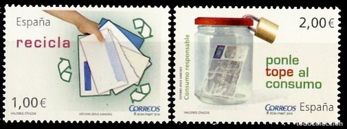 Sellos: Espa&ntilde;a 2010 Edifil 4541/2 Sellos ** Valores Civicos Recicla Papel, Consumo responsable Michel 4481/2