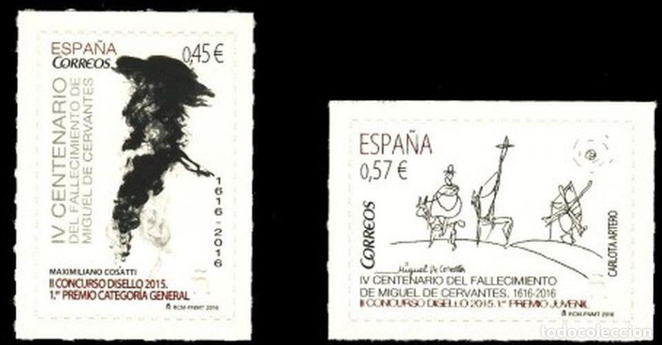 Sellos: Espa&ntilde;a 2016 Edifil 5025/6 Sello ** Concurso DISELLO Cervantes D. Quijote de la Mancha de Maximiliano