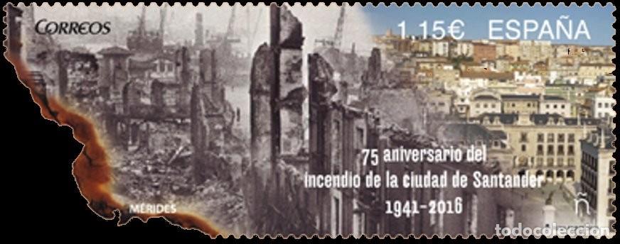 Sellos: Espa&ntilde;a 2016 Edifil 5029 Sello ** Centenario Incendio de Santander por un lado, una fotograf&iacute;a
