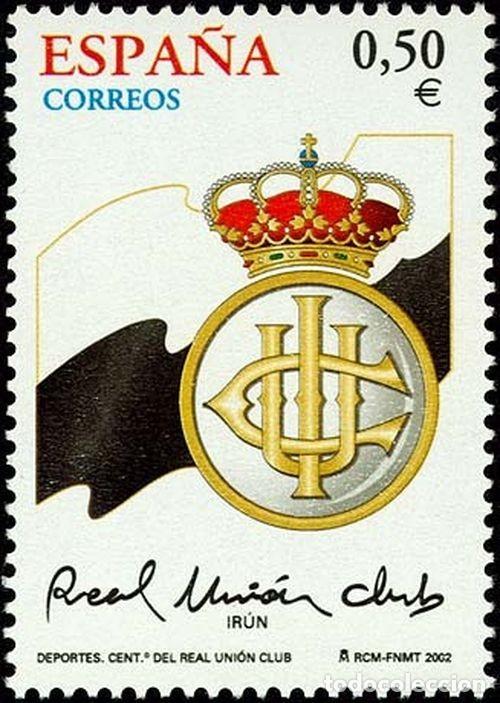 Sellos: Espa&ntilde;a 2002 Edifil 3887 Sello ** Deportes Sport Centenario Real Uni&oacute;n Club Irun Escudo y bandera