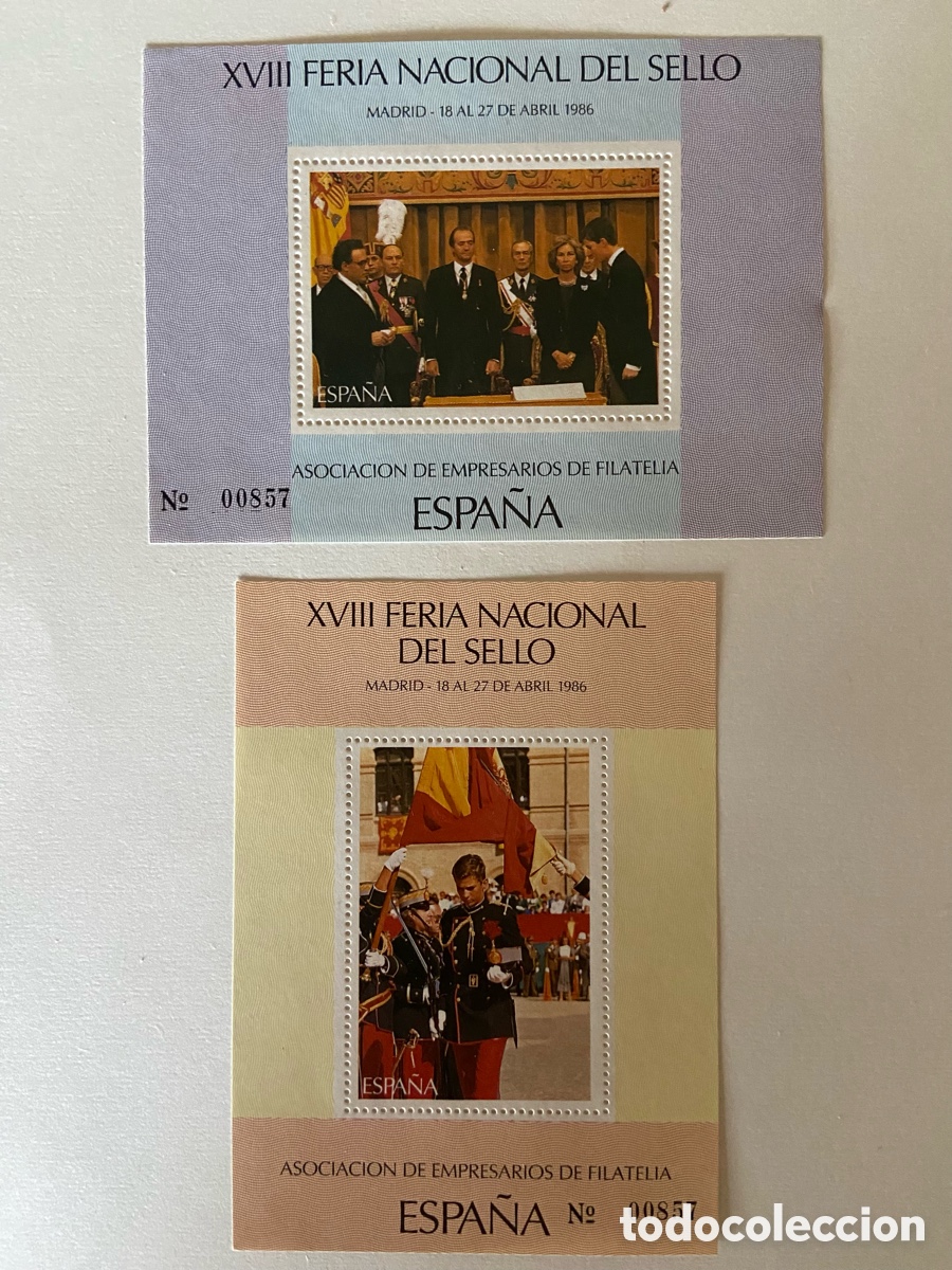 Sellos: 2 HOJITAS XVIII FERIA NACIONAL DEL SELLO MADRID 1986 - HOJITAS RECUERDO SIN VALOR FACIAL - A.E.FILAT