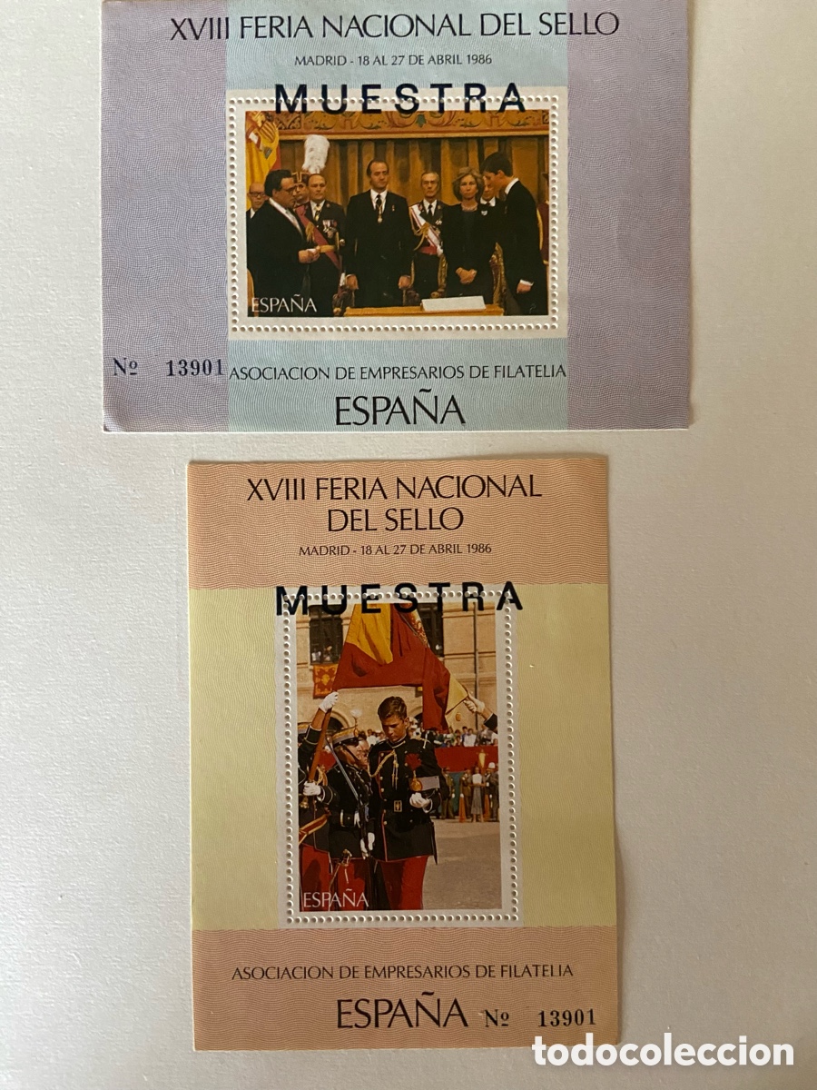 Sellos: 2 HOJITAS XVIII FERIA NACIONAL DEL SELLO MADRID 1986 - HOJITAS RECUERDO CON SOBRECARGA MUESTRA