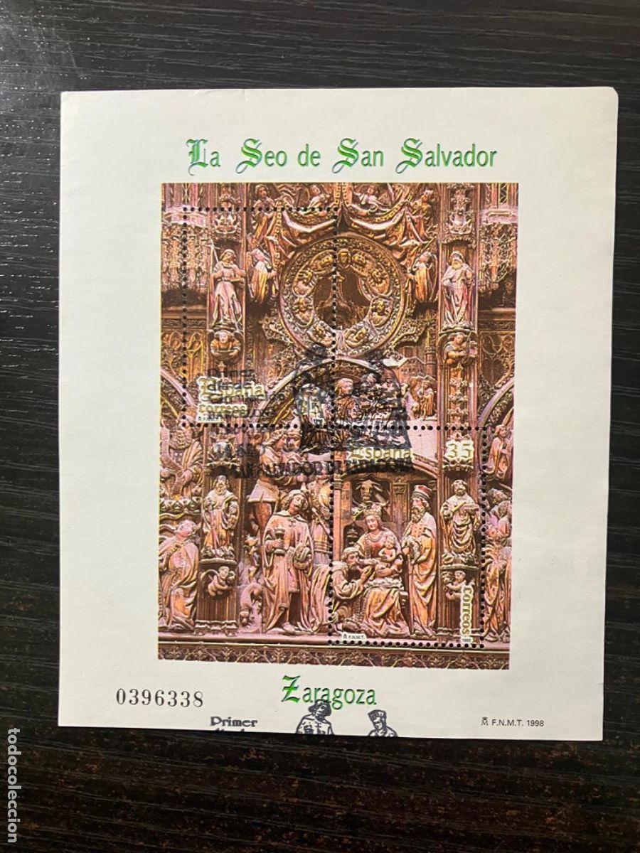 Sellos: Seo San Salvador Zaragoza - HB Hojita bloque 1998 - Usada matasellos primer d&iacute;a - Edifil 3595