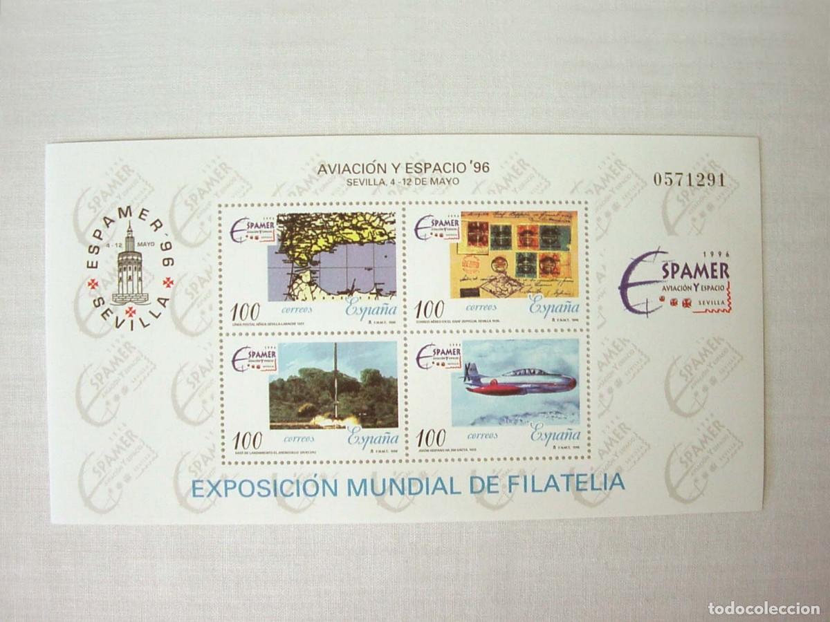 Sellos: Hoja 4 Sellos Nuevos Aviaci&oacute;n y Espacio Espa&ntilde;a Exposici&oacute;n Mundial de Filatelia Sevilla 4-12 Mayo1996