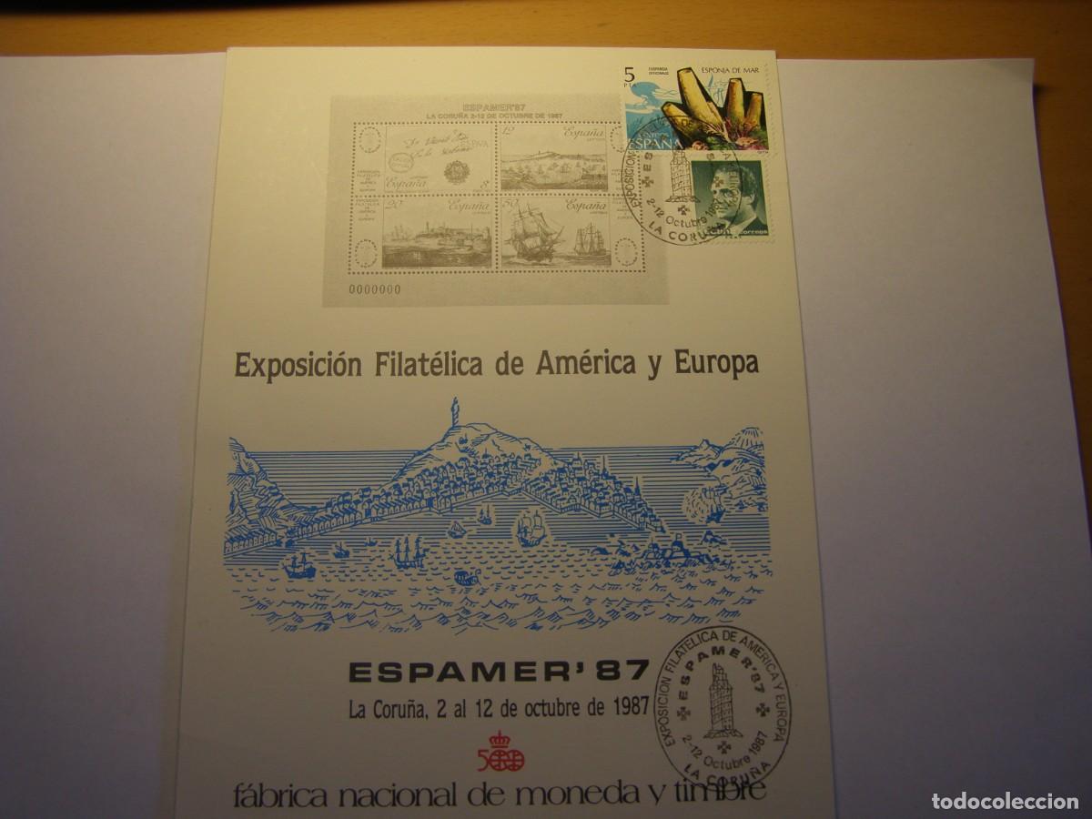 Sellos: Hoja recuerdo sellos Espa&ntilde;a, sin usar, Espamer 87, Coru&ntilde;a.