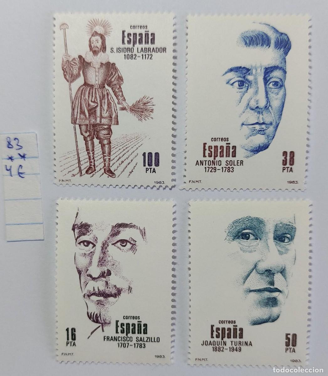 Sellos: Espa&ntilde;a 1983, Personajes Centenarios. San Isidro Labrador, Antonio Soler, Francisco Salzillo ** MNH