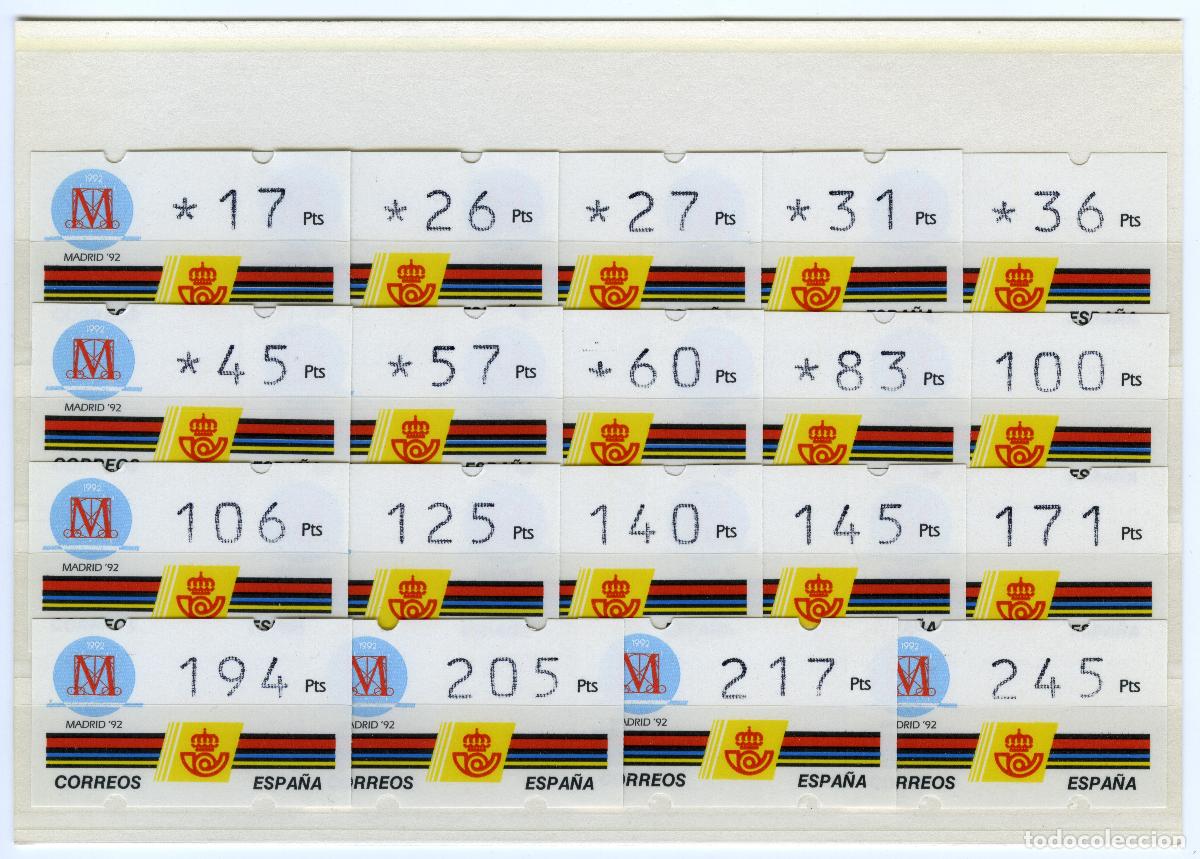 Sellos: ESPA&Ntilde;A 1992 &middot; ATM KL&Uuml;SSENDORF &middot; MADRID '92 CULTURAL, serie 19 valores 3 D&Iacute;GITOS, sin n&uacute;mero #H1053
