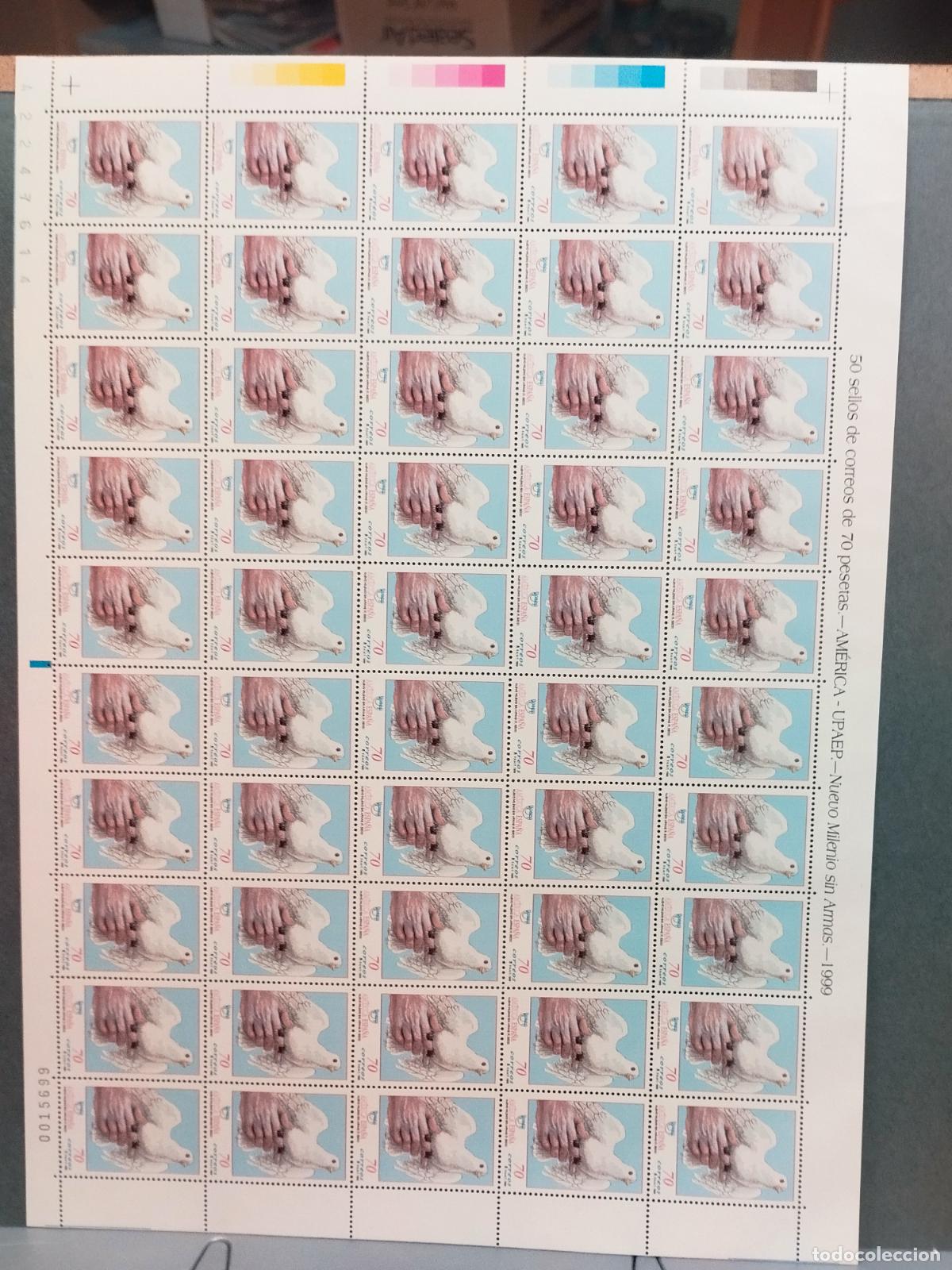Sellos: ESPA&Ntilde;A. EDIFIL 3677. AMERICA UPAEP. MILENIO SIN ARMAS. PALOMA. 50 SERIES NUEVAS EN PLIEGO