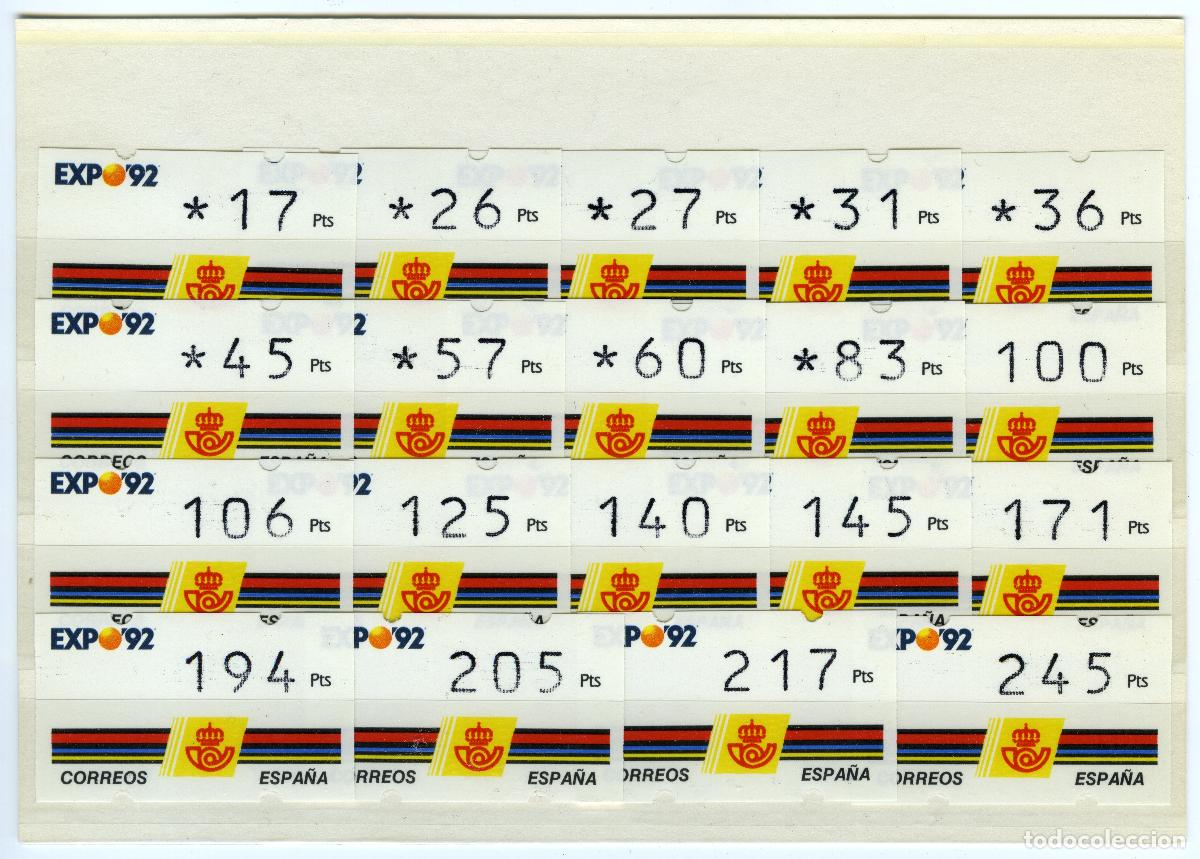 Francobolli: ESPA&Ntilde;A 1992 &middot; ATM KL&Uuml;SSENDORF &middot; EXPO '92 SEVILLA 1992, serie 19 valores 3 D&Iacute;GITOS, sin n&uacute;mero #H1051