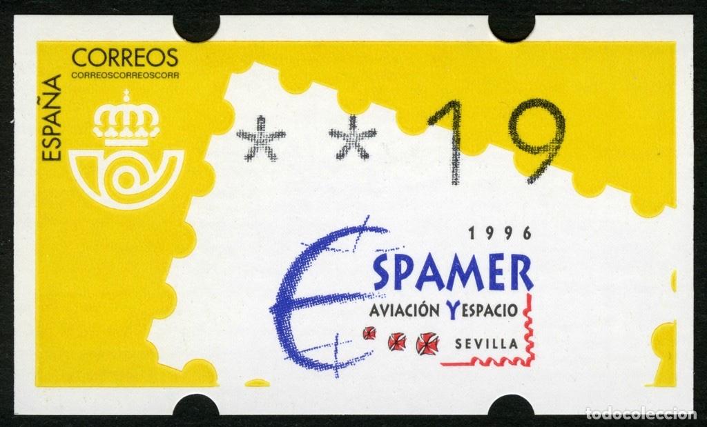 Sellos: ATM ESPA&Ntilde;A 1996 &middot; KL&Uuml;SSENDORF &middot; 19 PESETAS, 4 D&Iacute;GITOS &middot; ESPAMER'96 AVIACI&Oacute;N Y ESPACIO SEVILLA #ES016