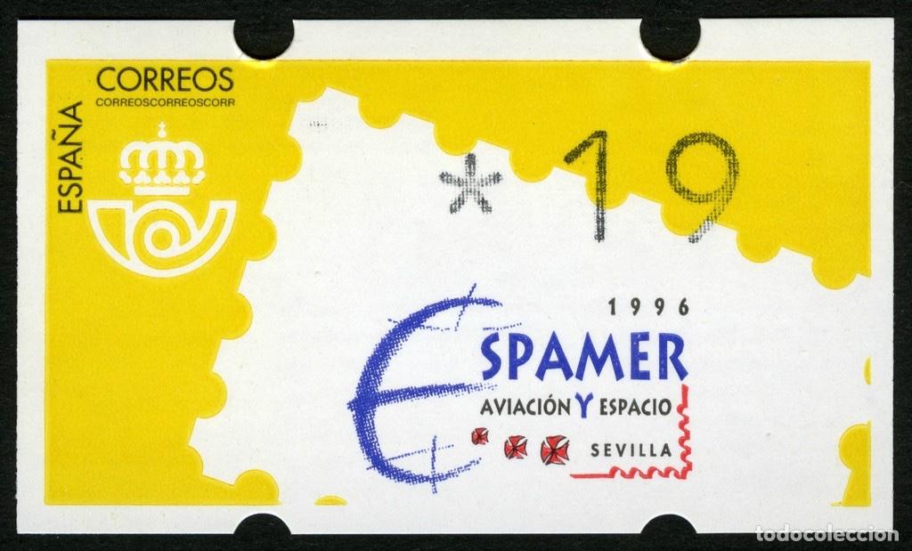 Sellos: ATM ESPA&Ntilde;A 1996 &middot; KL&Uuml;SSENDORF &middot; 19 PESETAS, 3 D&Iacute;GITOS &middot; ESPAMER'96 AVIACI&Oacute;N Y ESPACIO SEVILLA #ES015