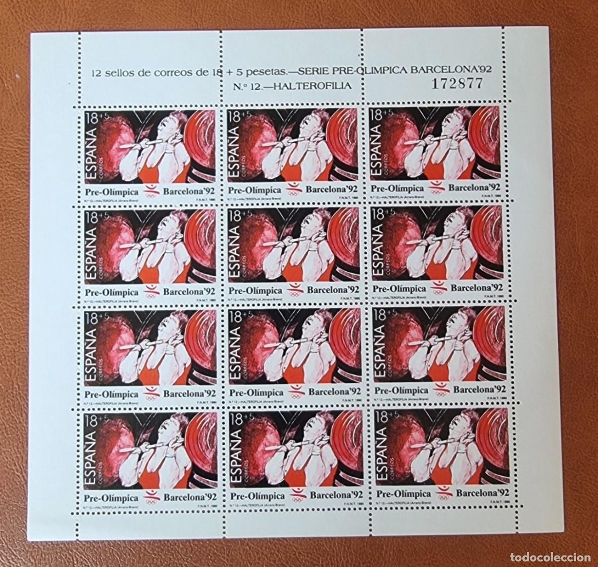 Sellos: SELLOS NUEVOS ESPA&Ntilde;A 1990 PLIEGO 12 SELLOS PRE-OLIMPICA BARCELONA'92. HALTEROFILIA