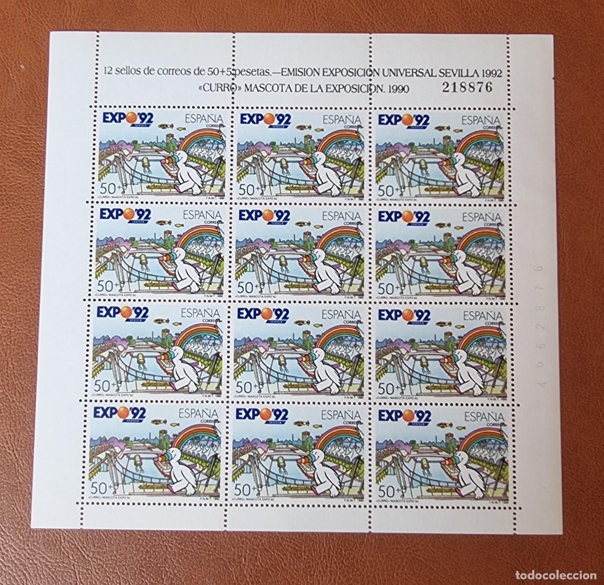 Sellos: ESPA&Ntilde;A NUEVOS 1990 PLIEGO 12 SELLOS 50 + 5 - EXPO92 MASCOTA CURRO