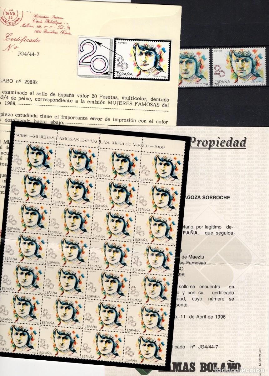 Sellos: Sellos Espa&ntilde;a a&ntilde;o 1989 EDIFIL 2989 variacion color rojo desplazado hacia abajo CON CERTIFICADO