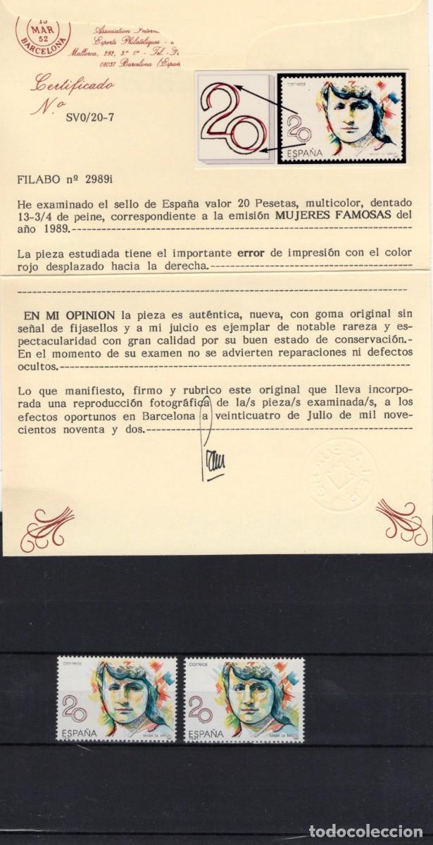 Sellos: Sellos Espa&ntilde;a a&ntilde;o 1989 EDIFIL 2989 variacion color rojo desplazado hacia derecha CON CERTIFICADO