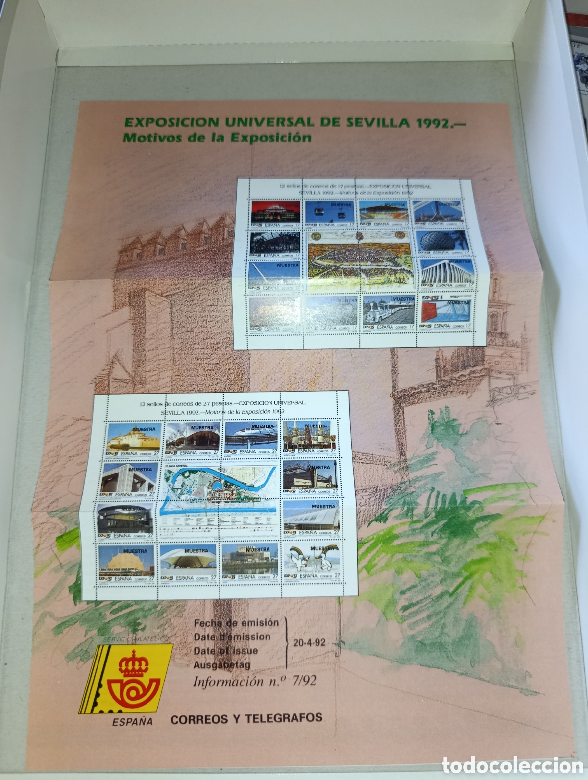 Sellos: Bolet&iacute;n Informativo Correos 7/92 Expo Sevilla 92 - Hojas Bloque con Sobrecarga MUESTRA
