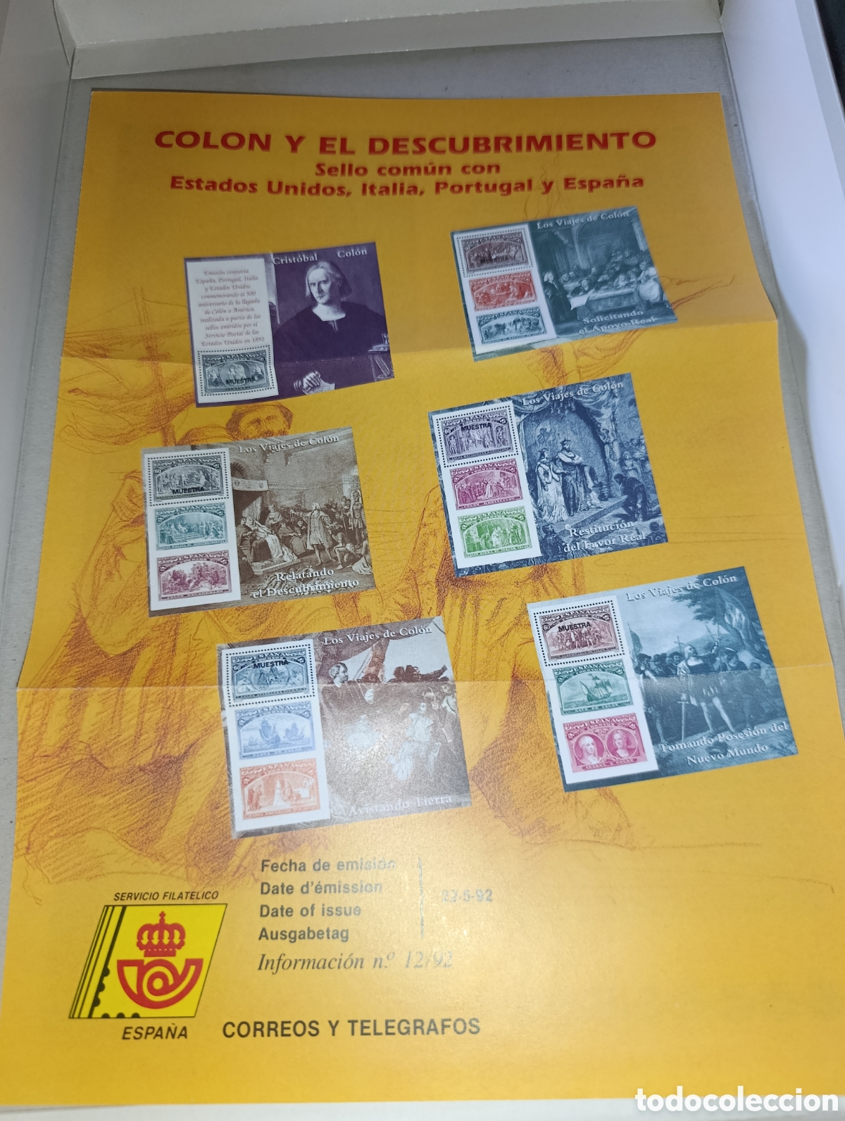 Sellos: Lote 6 Hojas Bloque + Folleto Oficial Espa&ntilde;a 1992 - Col&oacute;n y el Descubrimiento - Filatelia MNH