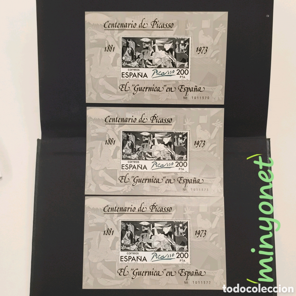 Sellos: 3 hojas bloque 2631 Centenario de Picasso - Guernica 1981. Numeraci&oacute;n correlativa