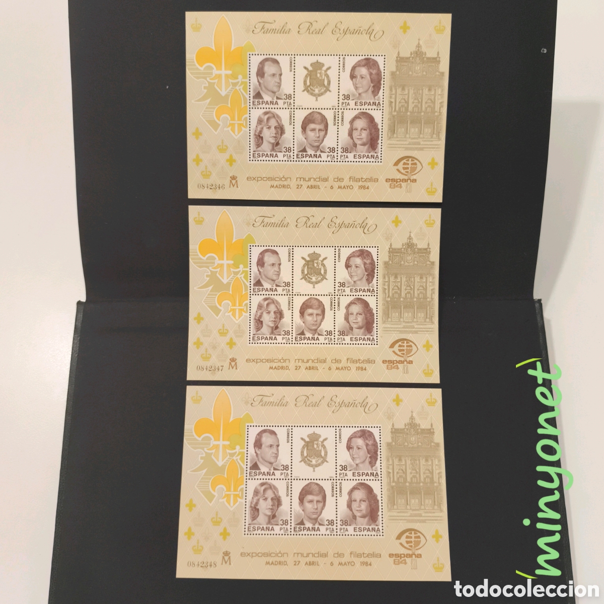 Sellos: 3 hojas bloque 2754 Familia Real Exposicion Mundial Filat&eacute;lia 1984 - numeraci&oacute;n correlativa