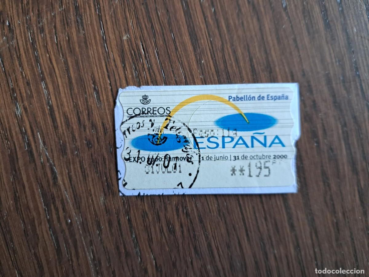 Sellos: sello, etiqueta de Espa&ntilde;a ATM, Expo 2000 Hannover, pabell&oacute;n de Espa&ntilde;a.