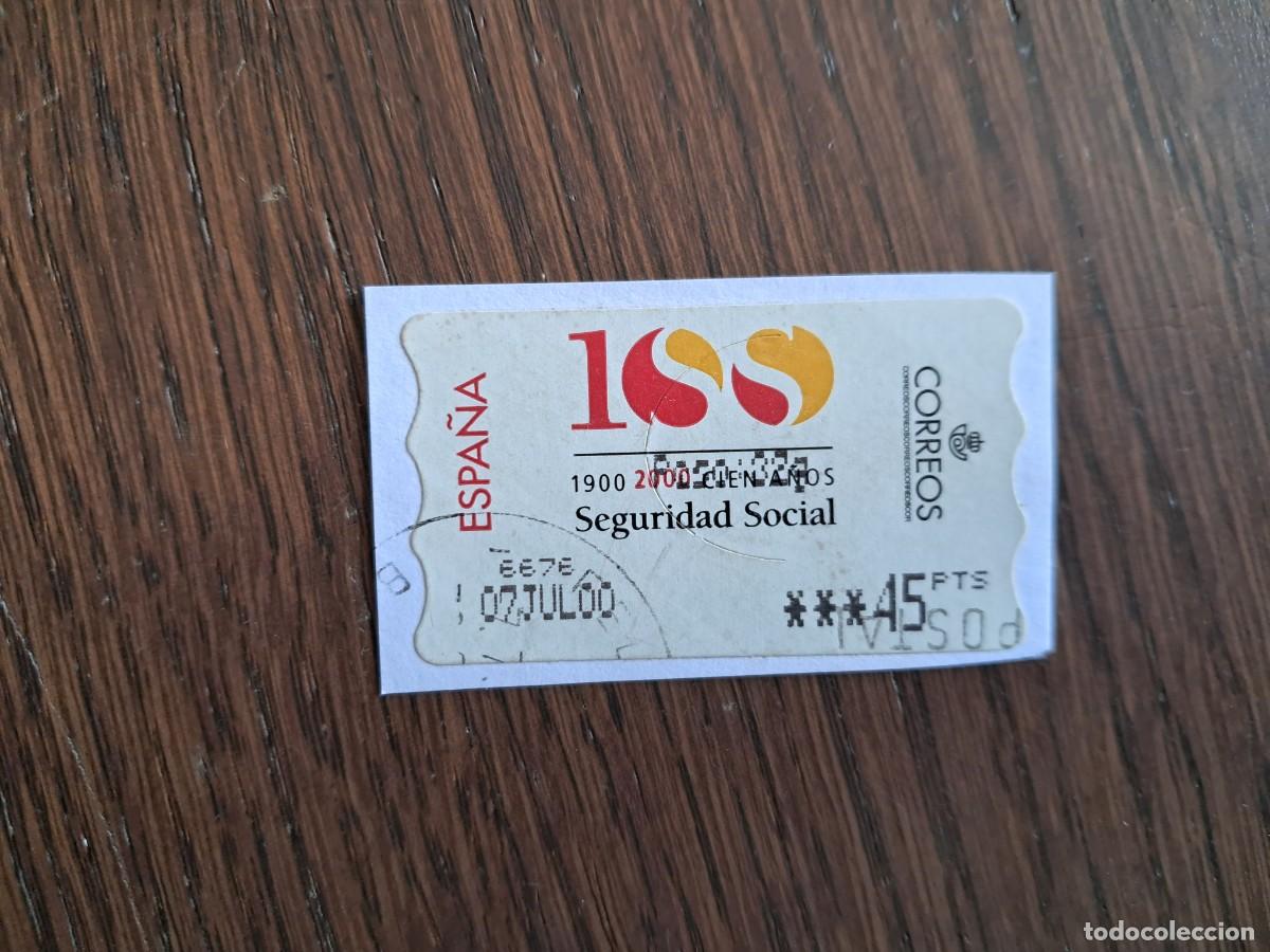 Sellos: sello, etiqueta de Espa&ntilde;a ATM, cien a&ntilde;os, seguridad social.