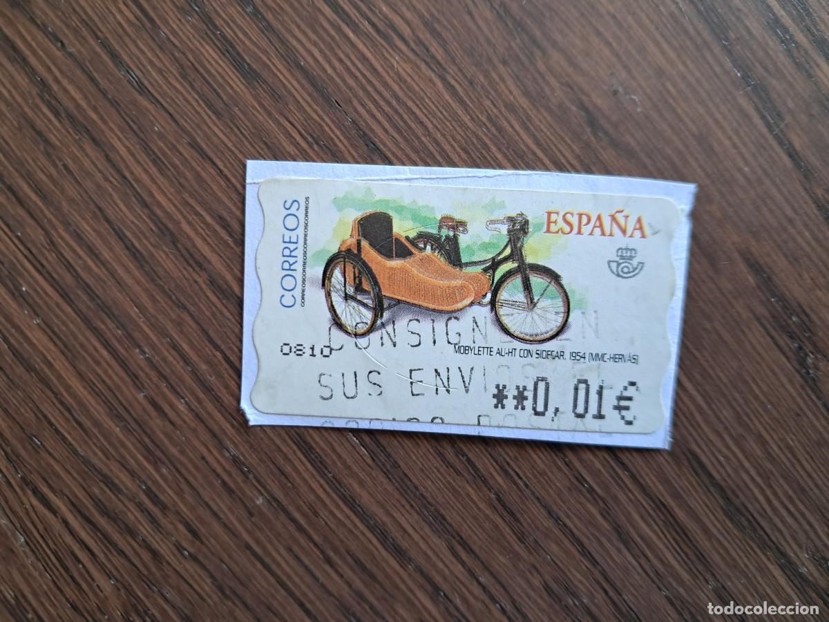 Sellos: sello, etiqueta de correos ATM de Espa&ntilde;a, moto antigua, mobylette AU-HT con sidecar del a&ntilde;o 1954