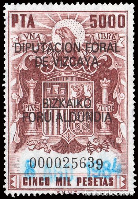 Sellos: Espa&ntilde;a - Fiscales - Diputaci&oacute;n Vizcaya - Alemany o 220 - 1982 - 5.000 Ptas. Sobrecargado