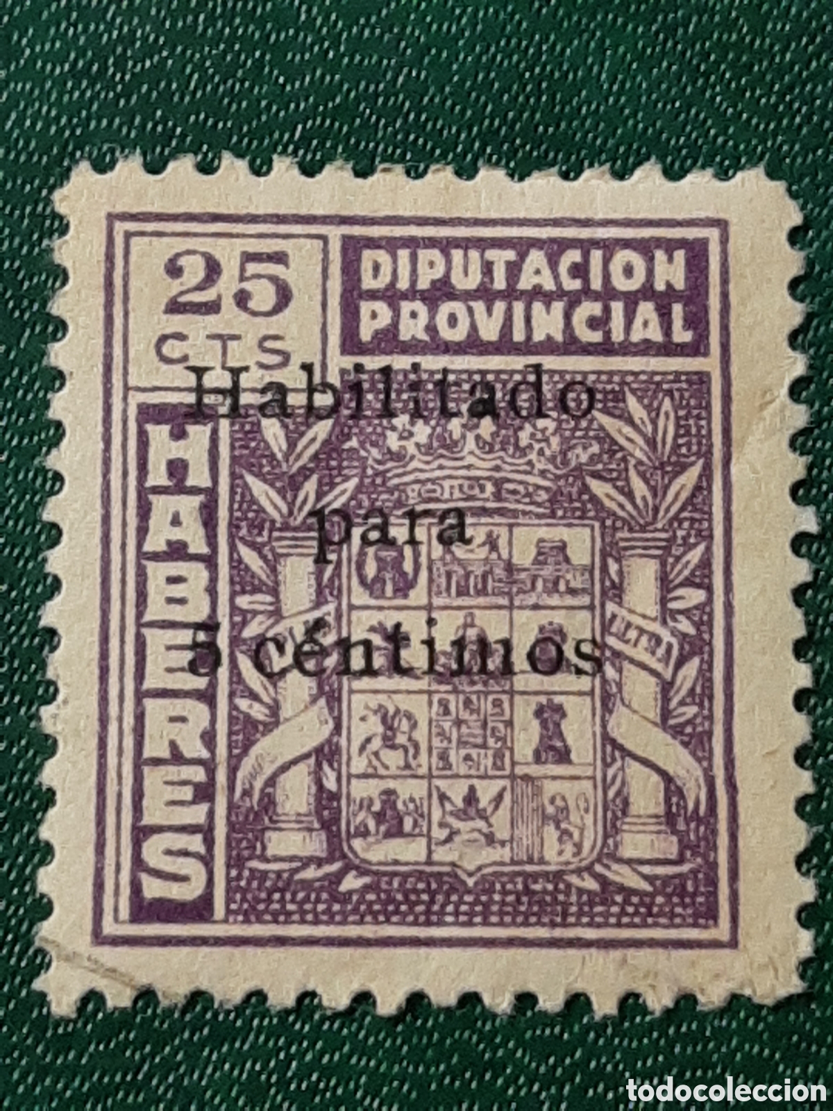 Sellos: Sello Fiscal. C&aacute;diz. Diputaci&oacute;n Provincial; Haberes de 25 Cts. Habilitado para 5 Cts.