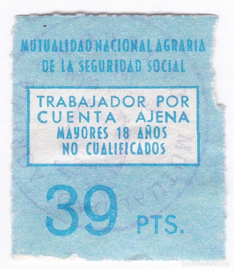 Sellos: Mutualidad Nacional Agraria de la Seguridad Social. Sello fiscal o vi&ntilde;eta. 39 Pesetas.