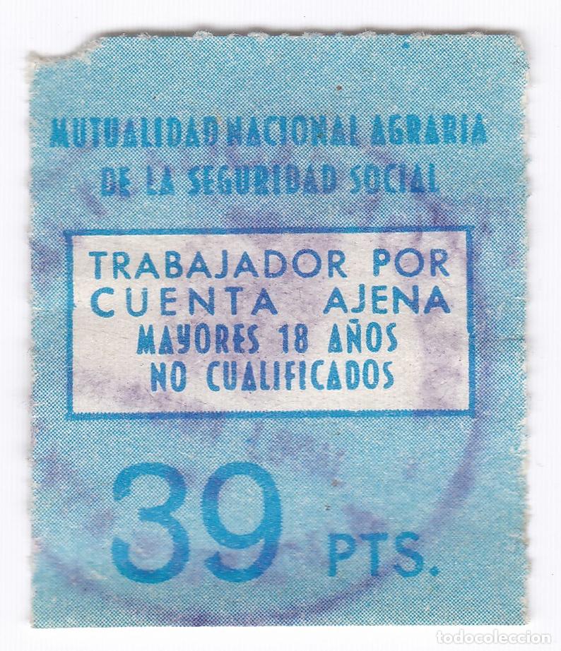 Sellos: Mutualidad Nacional Agraria de la Seguridad Social. Sello fiscal o vi&ntilde;eta. 39 Pesetas.