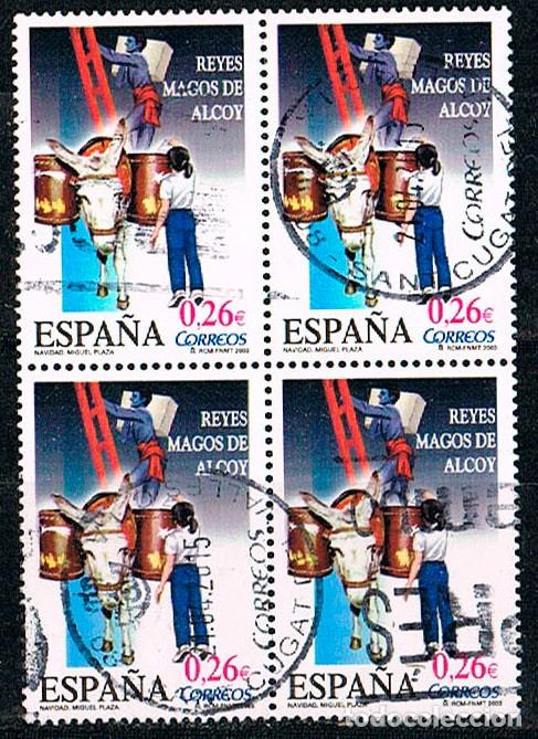 Sellos: Edifil 4031, Navidad 2003, Cabalgata de los Reyes Magos, usado en bloque de 4