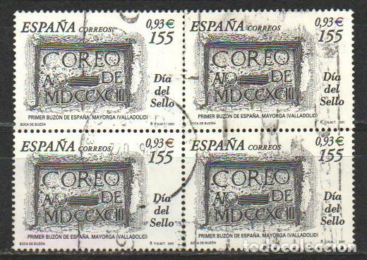 Sellos: EDIFIL 3780, Dia del sello 2001, 1&ordm; buz&oacute;n de Espa&ntilde;a, a&ntilde;o 1793 en Mayorga. Valladolid, usado bloque 4