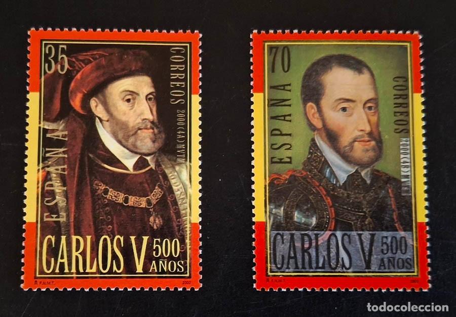 Sellos: Edifil 3697 y 3698 V Centenario del Nacimiento de Carlos V, a&ntilde;o 2000, con se&ntilde;al de fijasellos