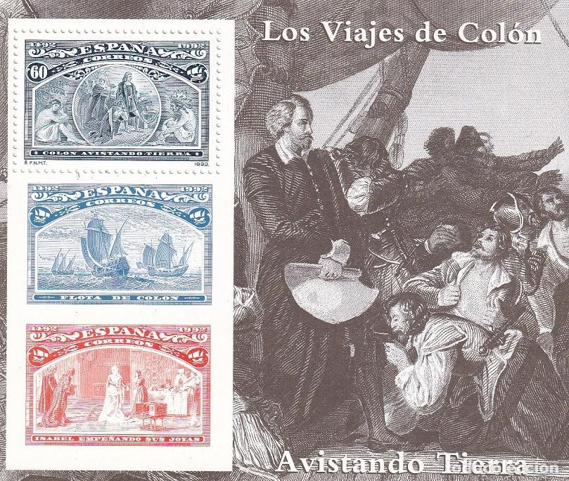 Sellos: HB Hojita Bloque 1992 - Los viajes de Col&oacute;n - Avistando Tierra - 500 Aniversario descubrimiento