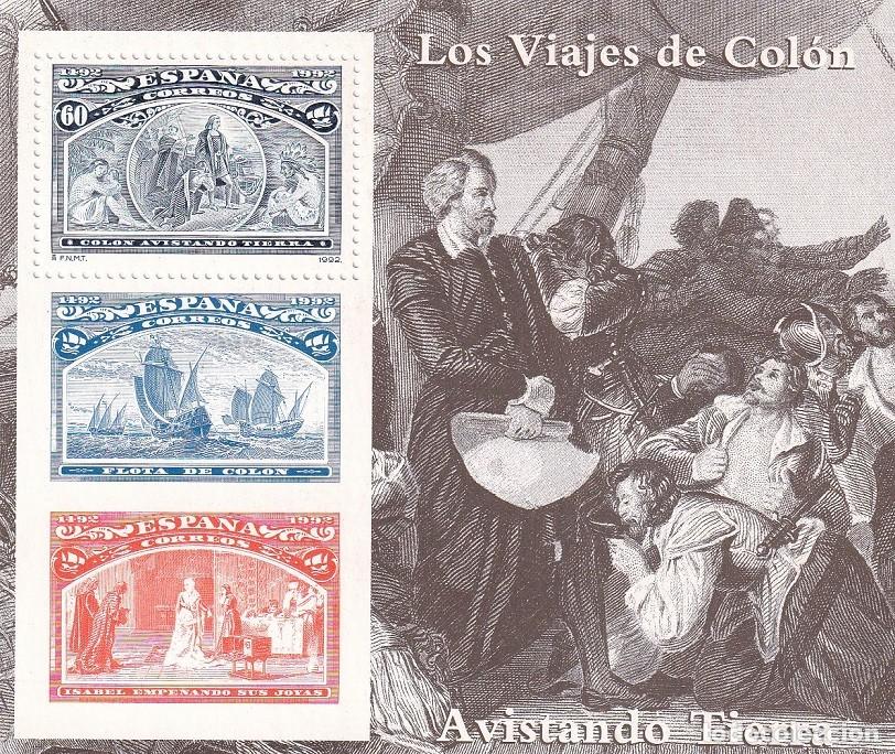 Sellos: HB Hojita Bloque 1992 - Los viajes de Col&oacute;n - Avistando Tierra - 500 Aniversario descubrimiento
