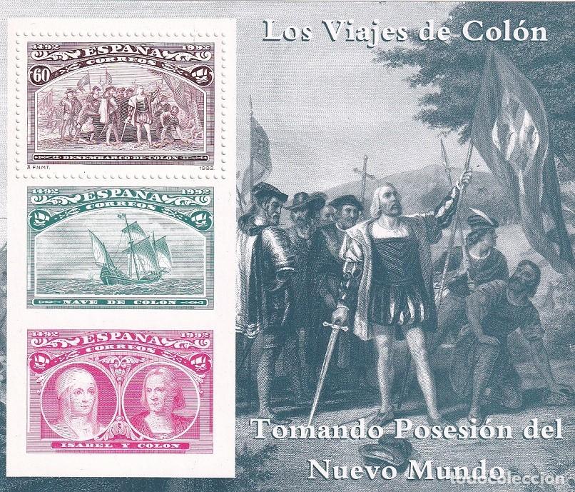Sellos: HB Hojita Bloque 1992 - Los viajes de Col&oacute;n - Tomando posesi&oacute;n del Nuevo Mundo - 500 Aniversario
