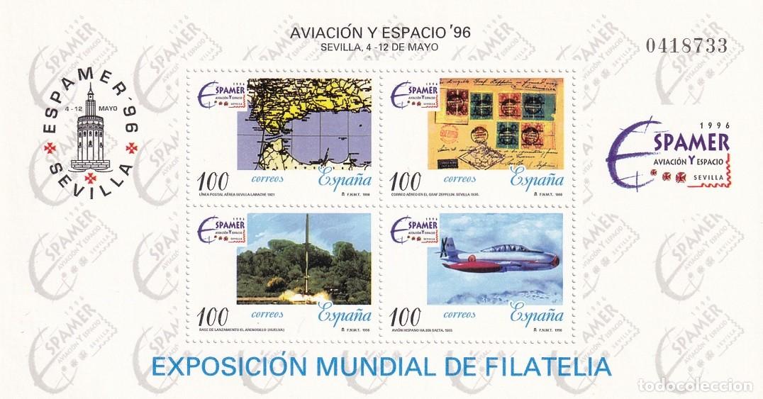 Sellos: HB Hojita Bloque Edifil 3433 - Espamer 96 Sevilla 1996 - Aviaci&oacute;n y Espacio 96 - Exposici&oacute;n Mundial