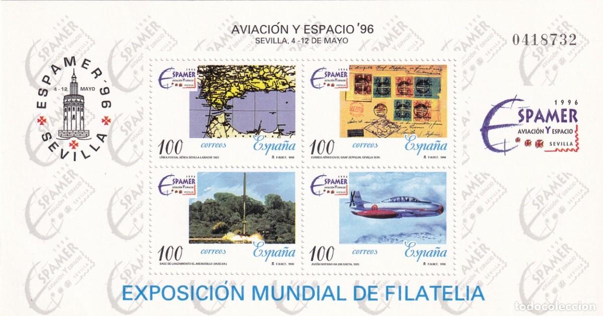 Sellos: HB Hojita Bloque Edifil 3433 - Espamer 96 Sevilla 1996 - Aviaci&oacute;n y Espacio 96 - Exposici&oacute;n Mundial