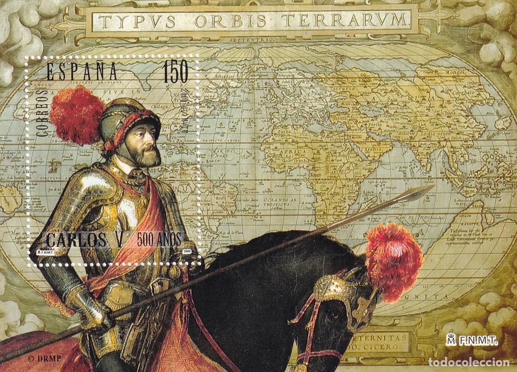 Sellos: HB Hojita Bloque Edifil N&ordm; 3699 - 2000 V Centenario nacimiento Carlos V - Retrato por Tiziano y mapa