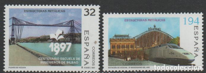 Sellos: Edifil n&ordm; 3479/80, ESTRUCTURAS METALICAS: PUENTE DE VIZCAYA, 5&ordm; ANIVERSARIO DEL AVE, NUEVO *** SERIE