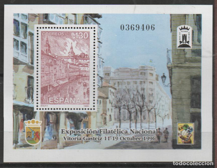 Sellos: EDIFIL N&ordm; 3451, EXFILNA 1996, VISTA DE VITORIA POR RUIZ DE OLANO, NUEVO *** EN HOJA BLOQUE