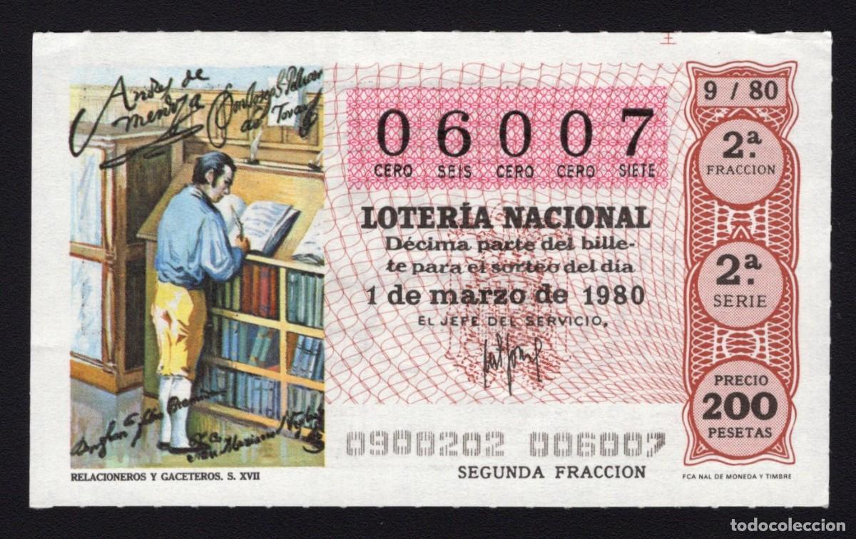 Sellos: L. Nacional 1 Marzo 1980. Relacioneros y Gaceteros. N&ordm; 06007. Admon Amparito. Madrid. Desaparecida