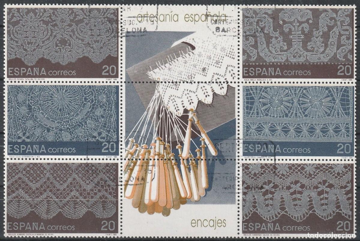 Sellos: ESPA&Ntilde;A 1989 - ARTESANIA ESPA&Ntilde;OLA - ENCAJE DE BOLILLOS- EDIFIL 3016/3021 HOJA BLOQUE USADA