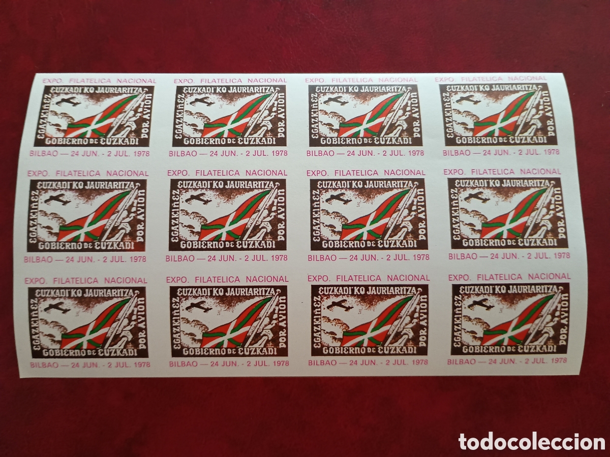 Francobolli: ESPA&Ntilde;A 1978 - EXPOSICI&Oacute;N FILAT&Eacute;LICA NACIONAL, BILBAO - PLIEGO 12 VI&Ntilde;ETAS &rdquo;GOBIERNO DE EUZKADI&rdquo;