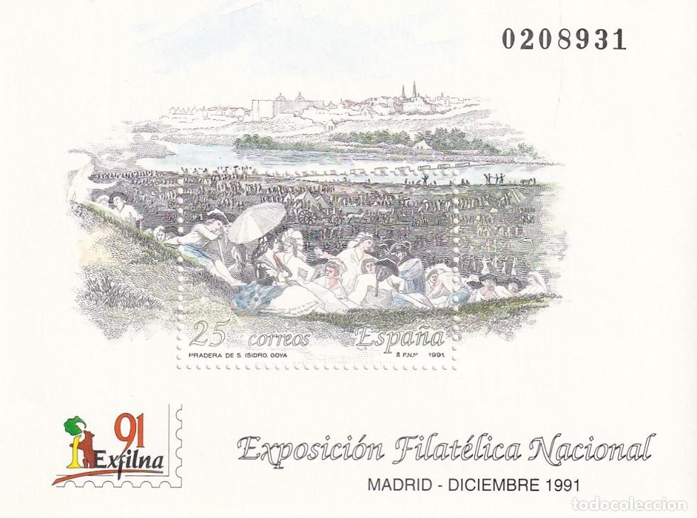 Sellos: HB Hojita Bloque Edifil N&ordm; 3145 - Exfilna 91 Madrid 1991 - Pradera de S. Isidro Goya - Exposici&oacute;n Fi